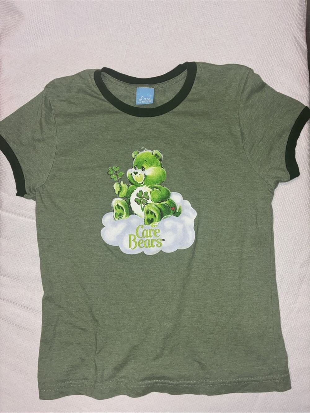 Rare Vintage Y2K 2003 Green Care Bears Lucky Clover Baby Tee Ringer Tshirt XL